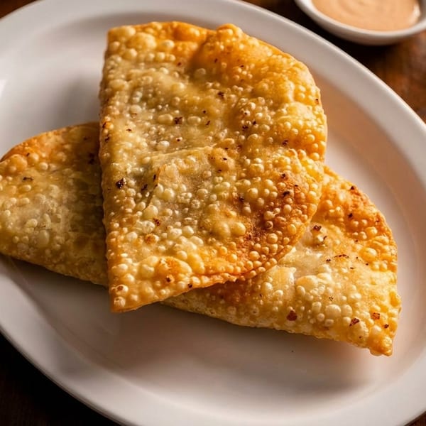 Two golden-brown crispy fried pastries on a white plate, with a small sauce bowl.