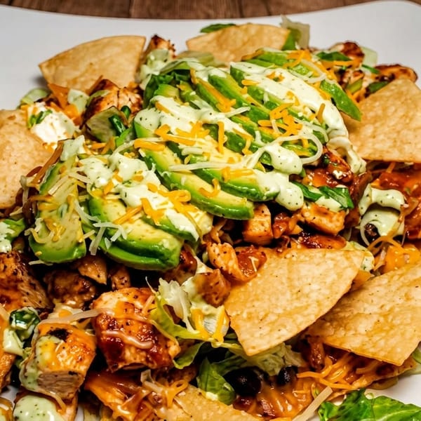 Grilled chicken salad with avocado, shredded cheese, tortilla chips, and creamy dressing.