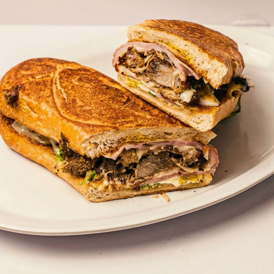 Toasted Cuban sandwich cut in half, revealing pork, ham, cheese, and mustard on a white plate.